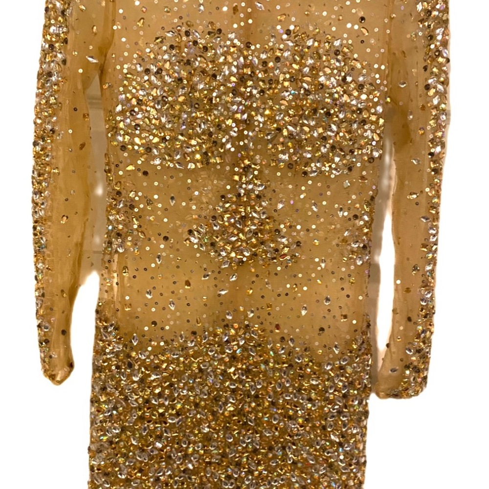 Gold Studded Sequin Nude Long Sleeve Dress US 8M